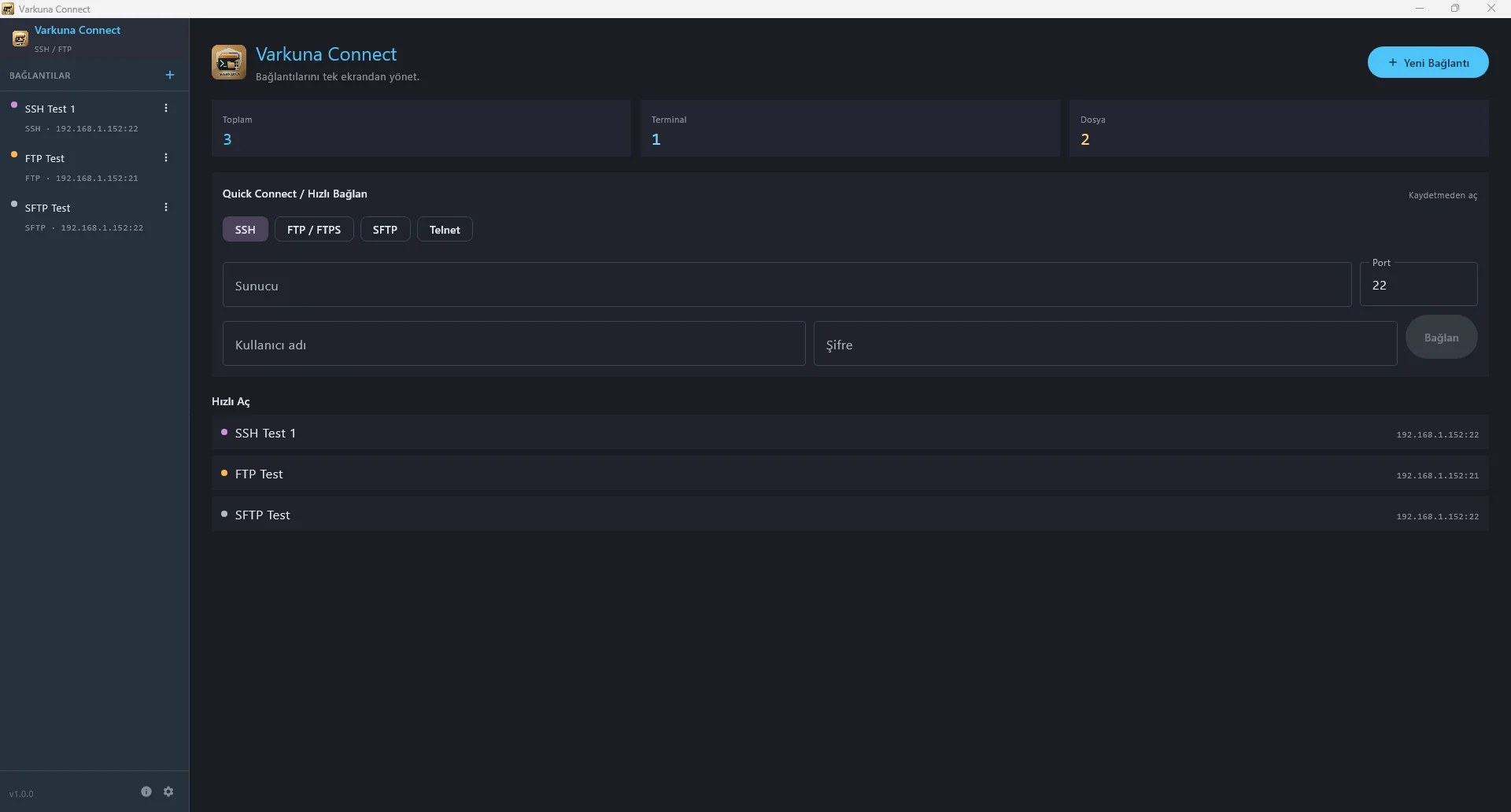 Varkuna Connect ana ekran ve hızlı bağlan bölümü