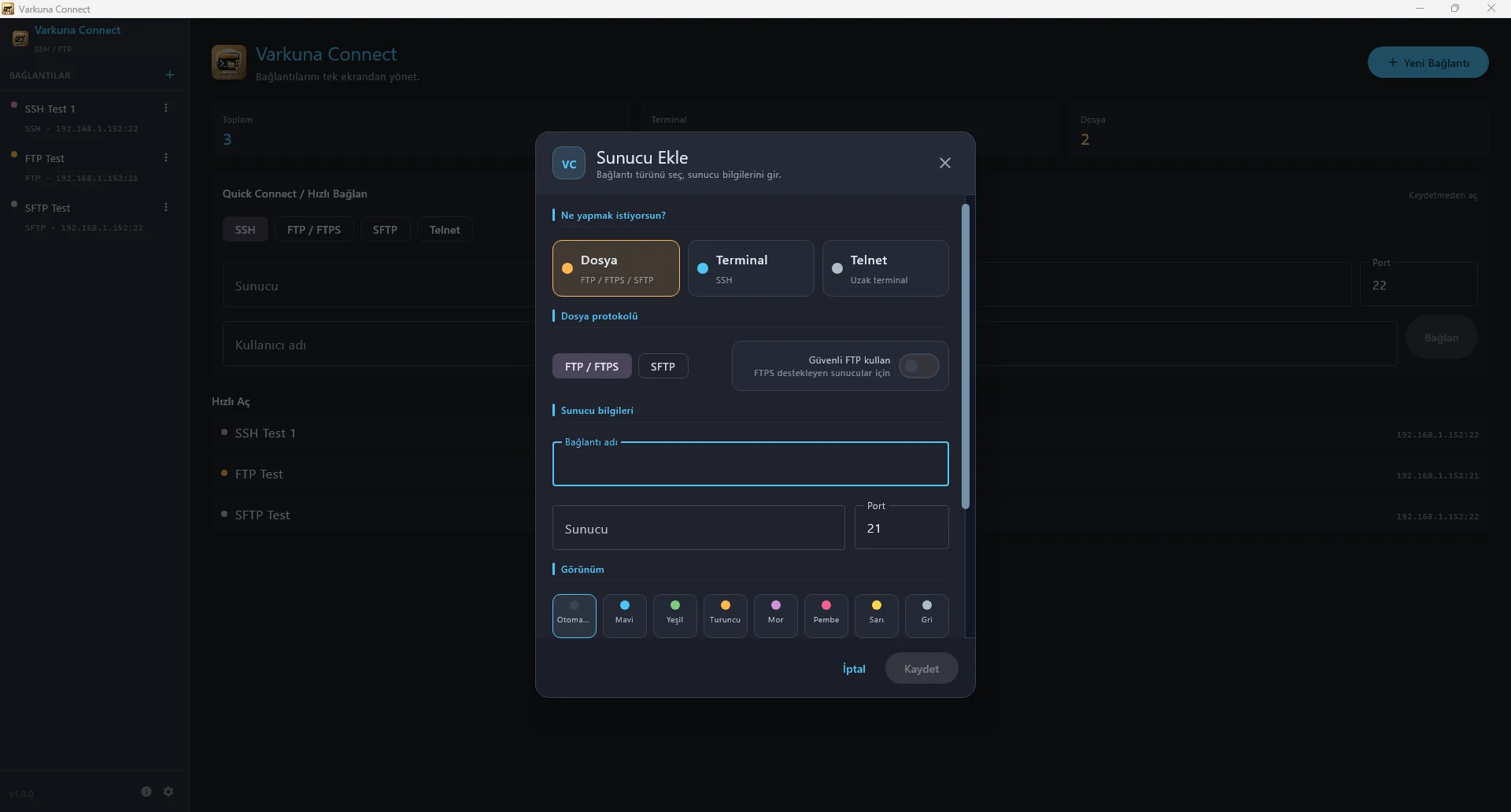 Varkuna Connect yeni bağlantı profili ekranı