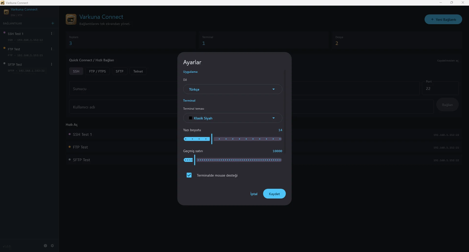 Varkuna Connect ayarlar ekranı