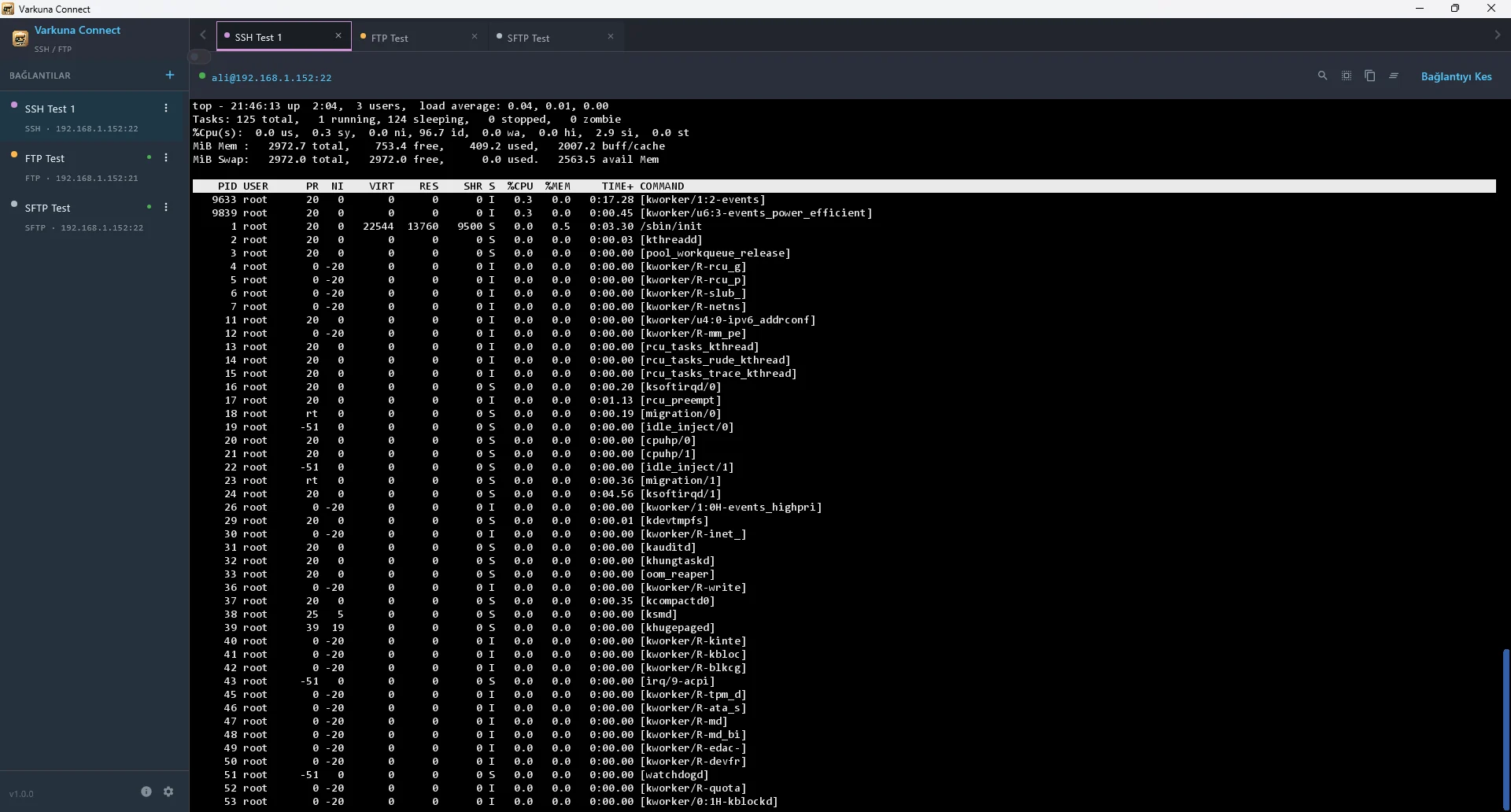 Varkuna Connect SSH terminal oturumu