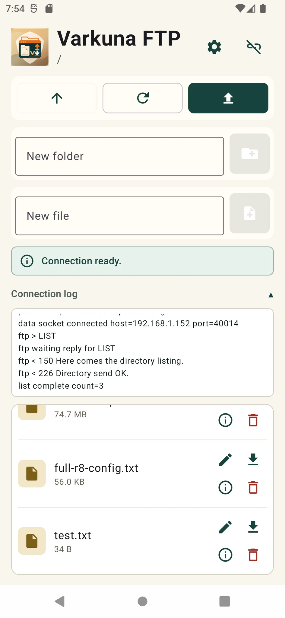 Varkuna FTP file manager screen