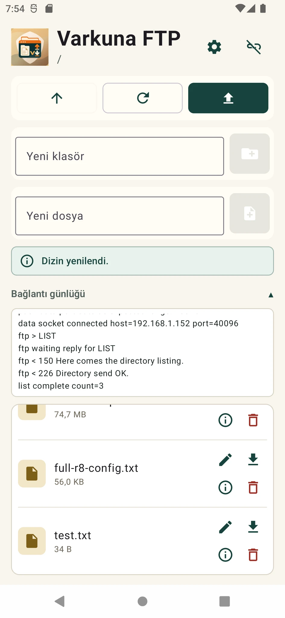 Varkuna FTP dosya yöneticisi ekranı
