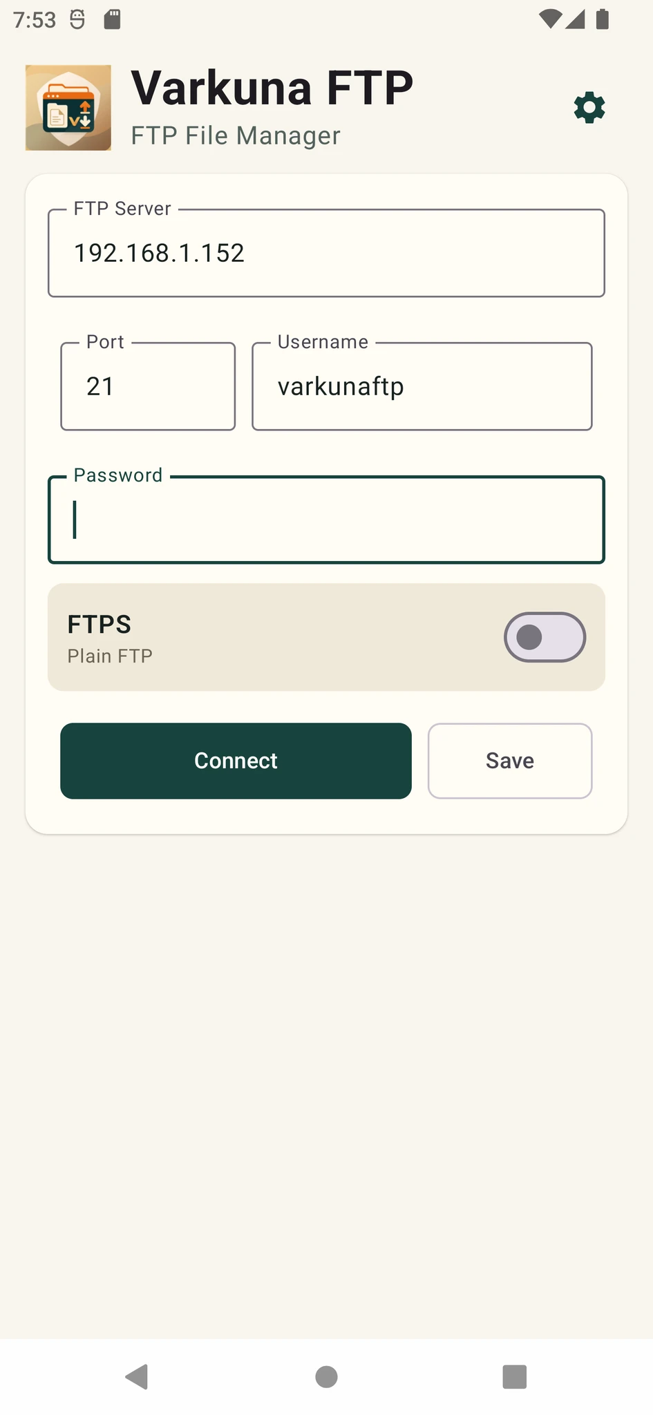Varkuna FTP connection screen