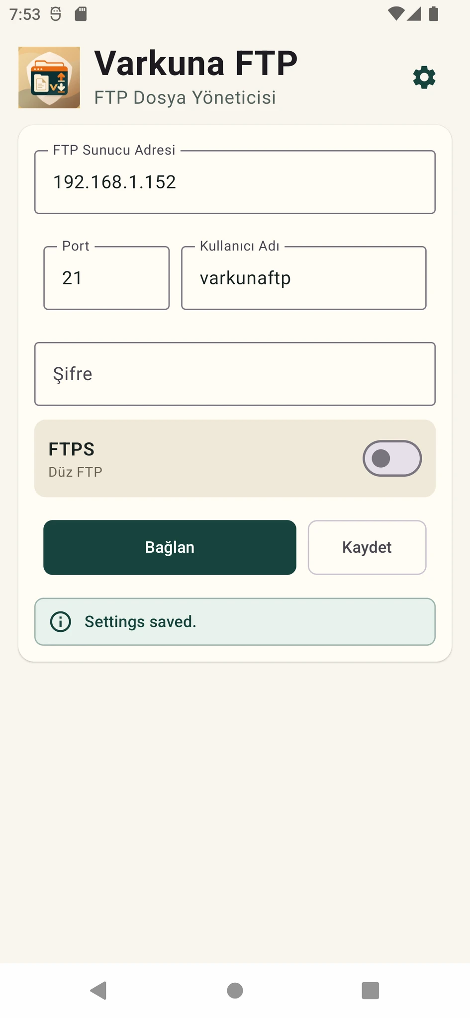 Varkuna FTP bağlantı ekranı