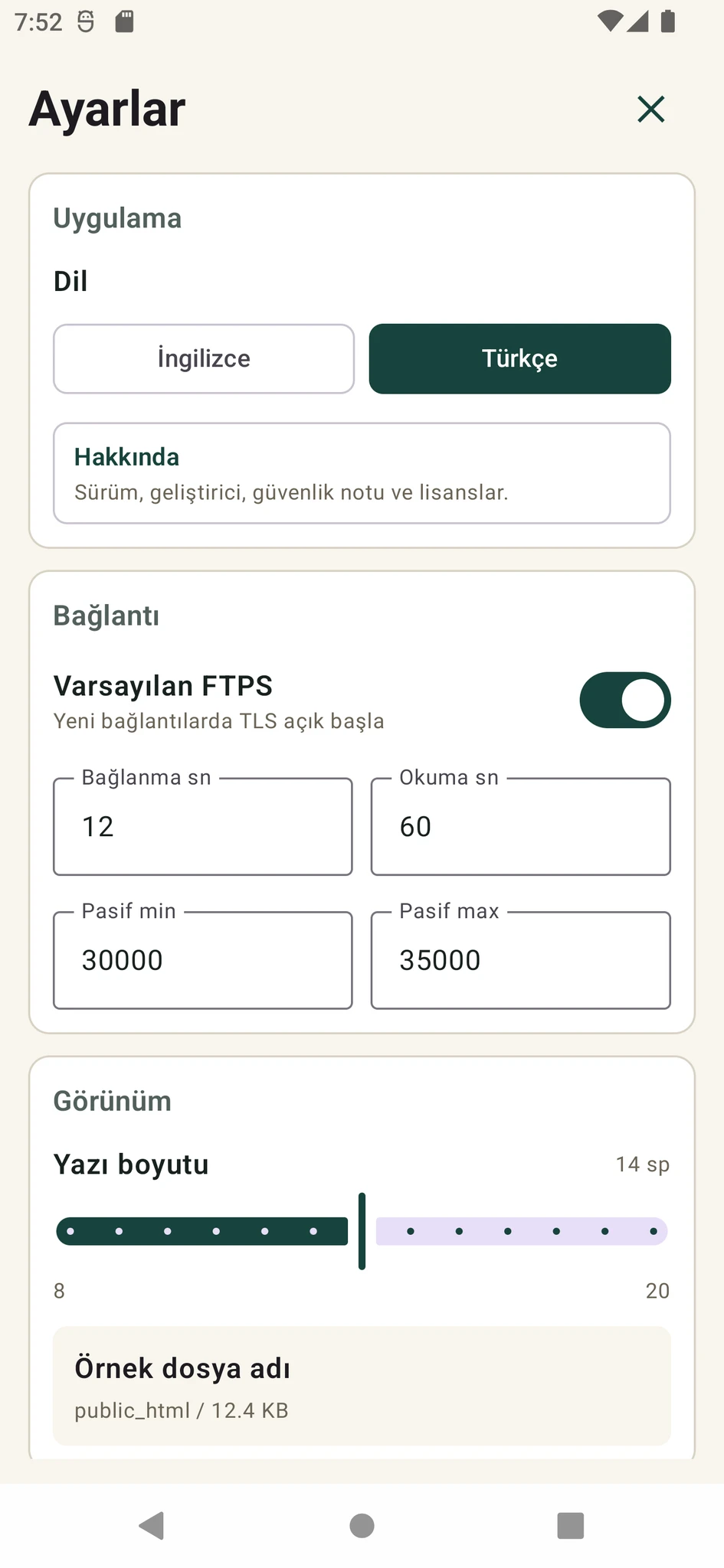 Varkuna FTP ayarlar ekranı