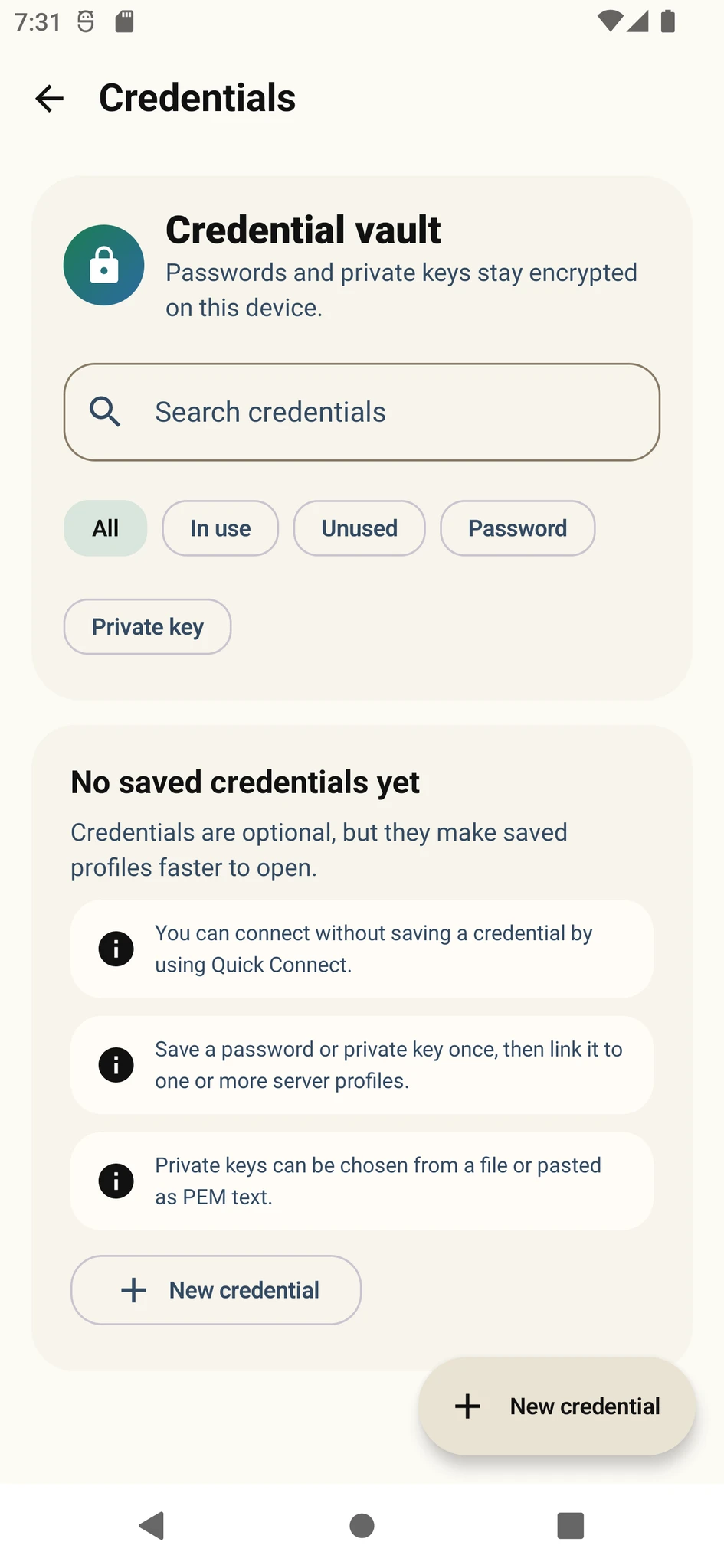 Varkuna SSH saved credentials screen