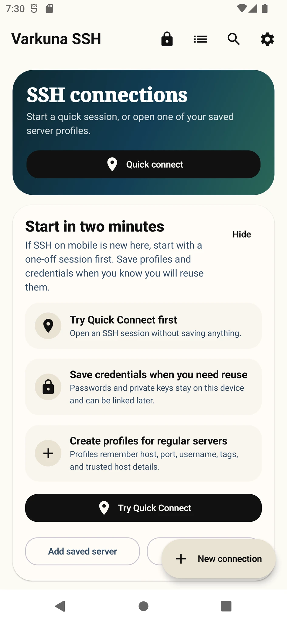 Varkuna SSH connections screen