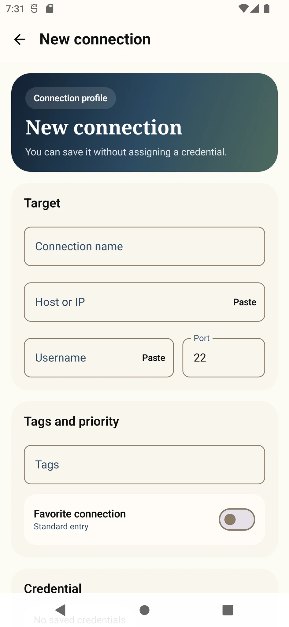 Varkuna SSH new connection screen