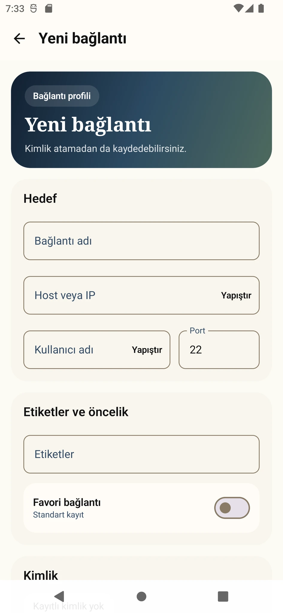 Varkuna SSH yeni bağlantı ekranı