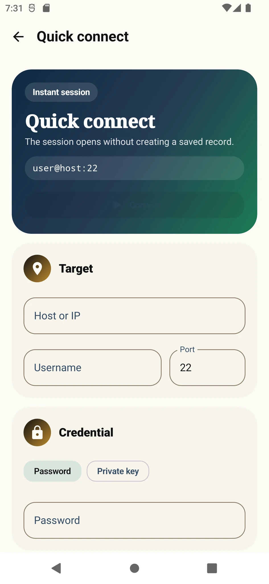 Varkuna SSH Quick Connect screen