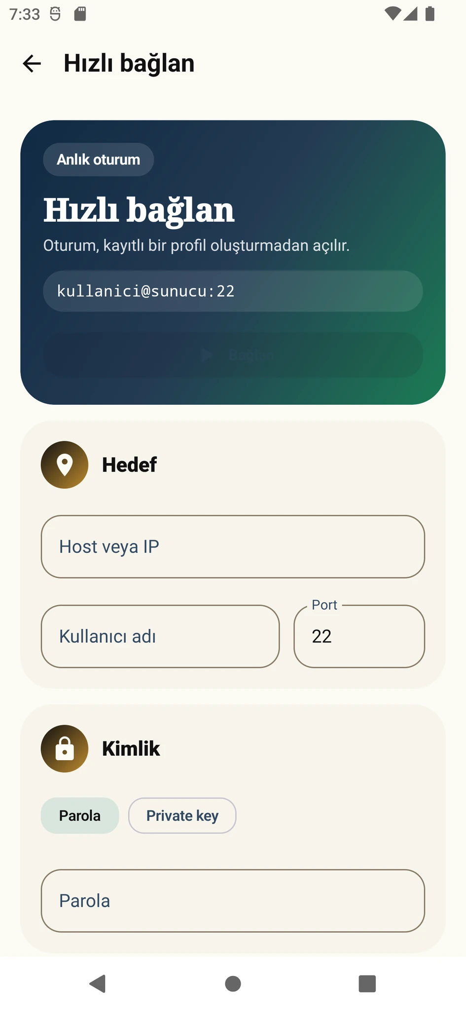 Varkuna SSH Hızlı Bağlantı ekranı
