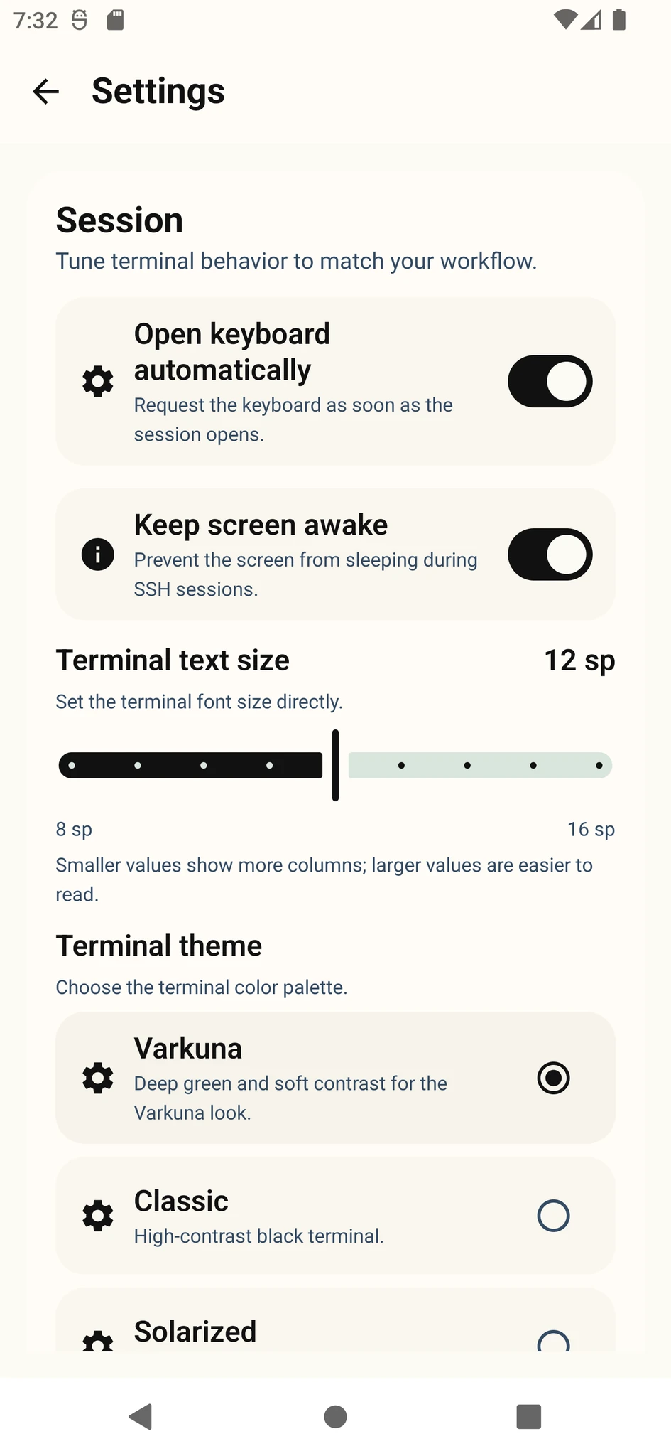 Varkuna SSH settings screen