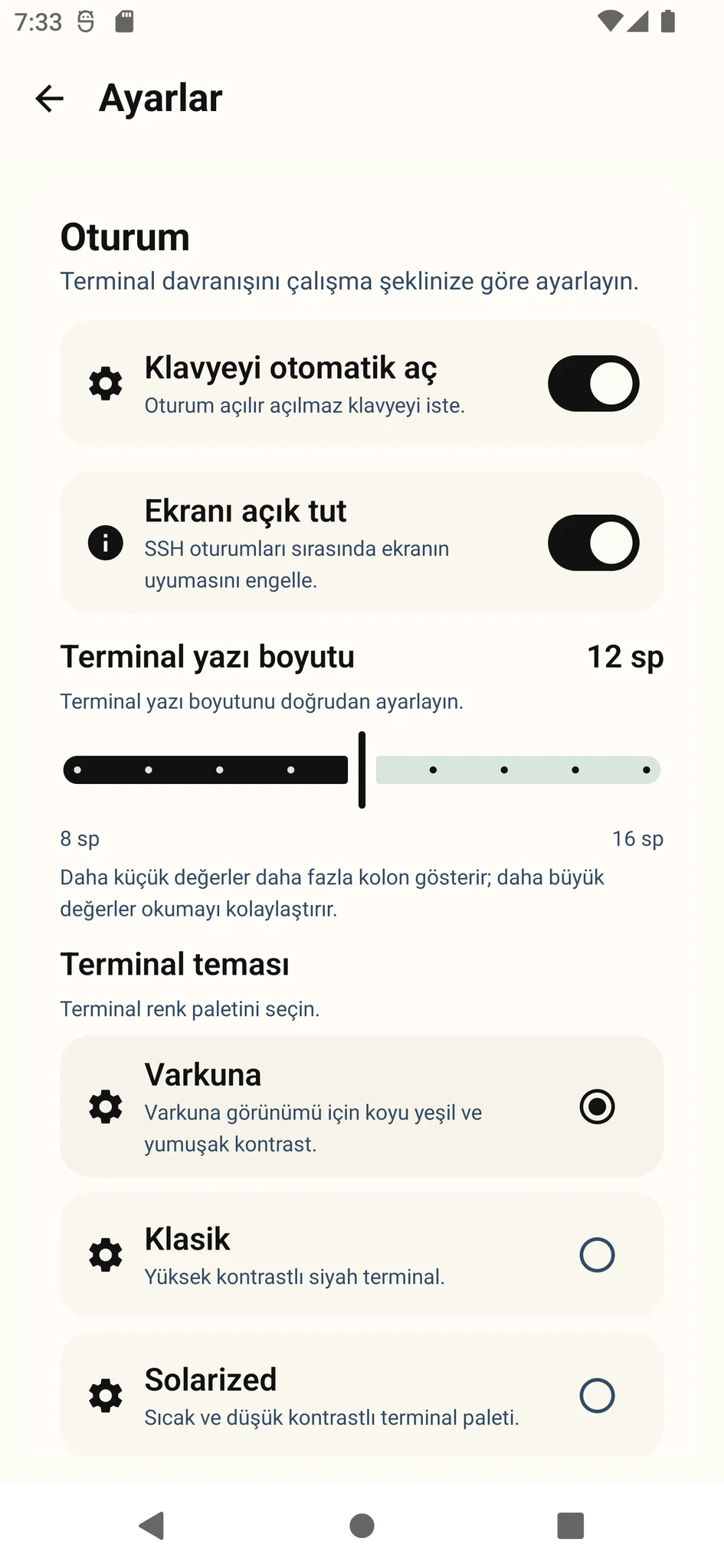Varkuna SSH ayarlar ekranı